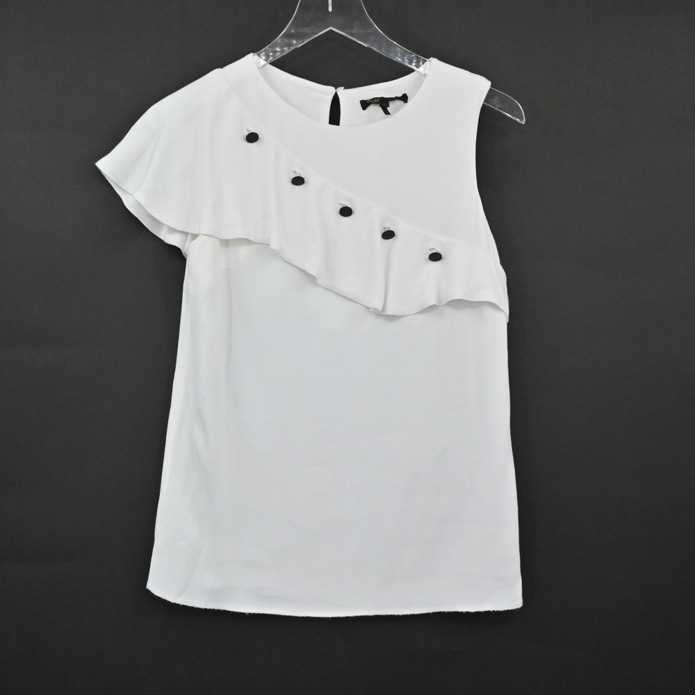 MAJE Womens Lorena White Ruffle Top Size S Sleeveless Coquette Black Buttons - Picture 2 of 14